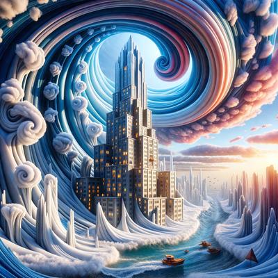 The primary subject of the image is a large, tall building situated in the middle of a body of water. The building is surrounded by a whirlpool of water, giving the scene a dynamic and dramatic appearance. The setting appears to be a mix of a digital art or illustration, as the building and water are depicted in a surreal and imaginative manner. The colors and mood of the image are predominantly blue and white, creating a sense of calmness and serenity despite the chaotic surroundings.